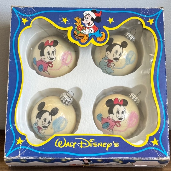 VINTAGE Walt DISNEY Baby MICKEY & MINNIE MOUSE Set 4 Glass Ball Ornaments BOX - Picture 1 of 13
